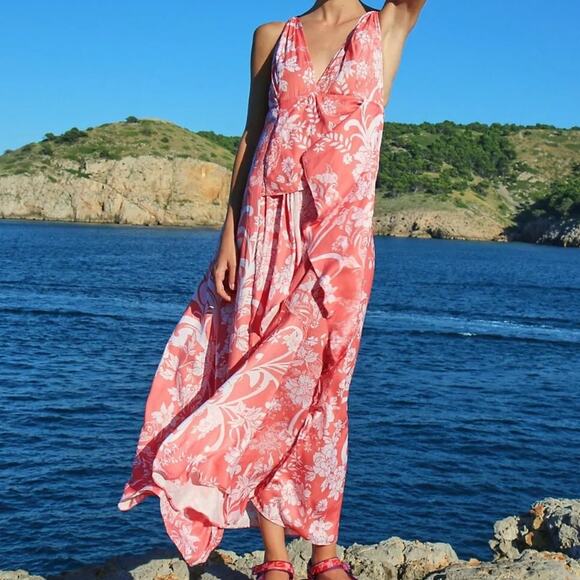 Free People Ashley Slip Dress 8 Womens Pink Plunge Maxi Ruffle Feminine Floral - Picture 2 of 14